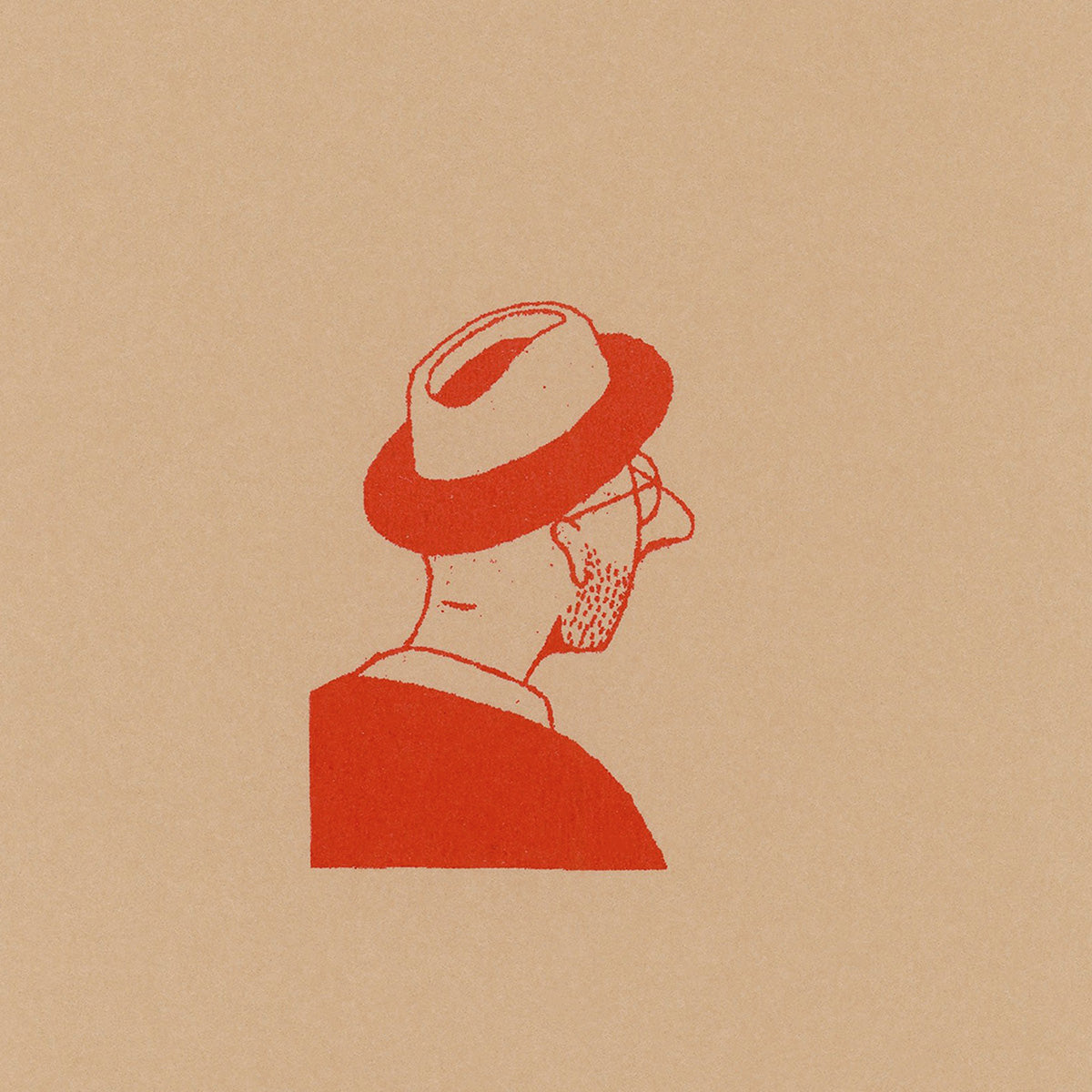 A minimalist red line-art illustration of a man in profile wearing a trilby hat, centered on a warm beige textured background.