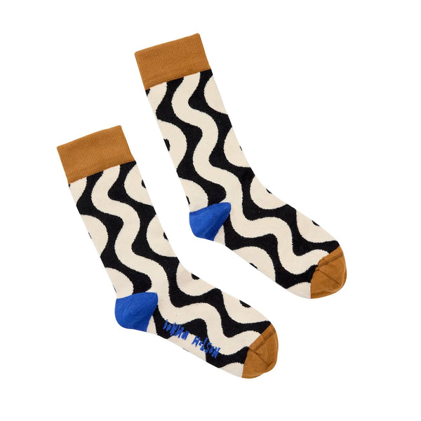 Pair of socks with wavy pattern and brown accents on a white background