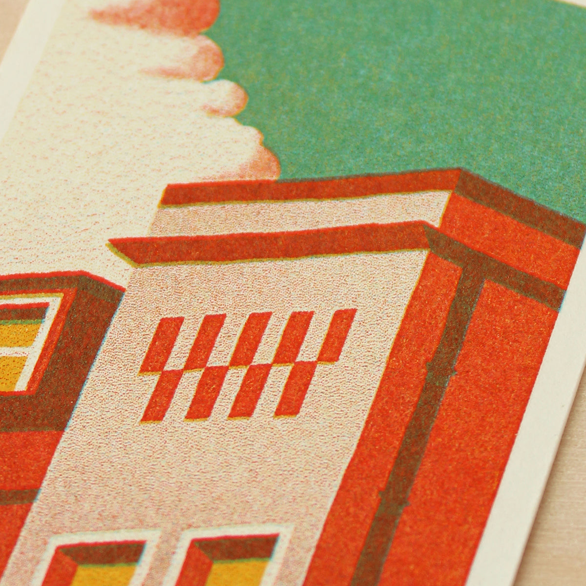 Close-up of a vintage-style building illustration with red and beige tones.
