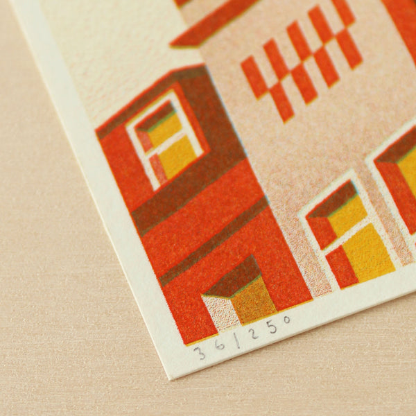 Illustration of a building with red and pink colors on a beige background