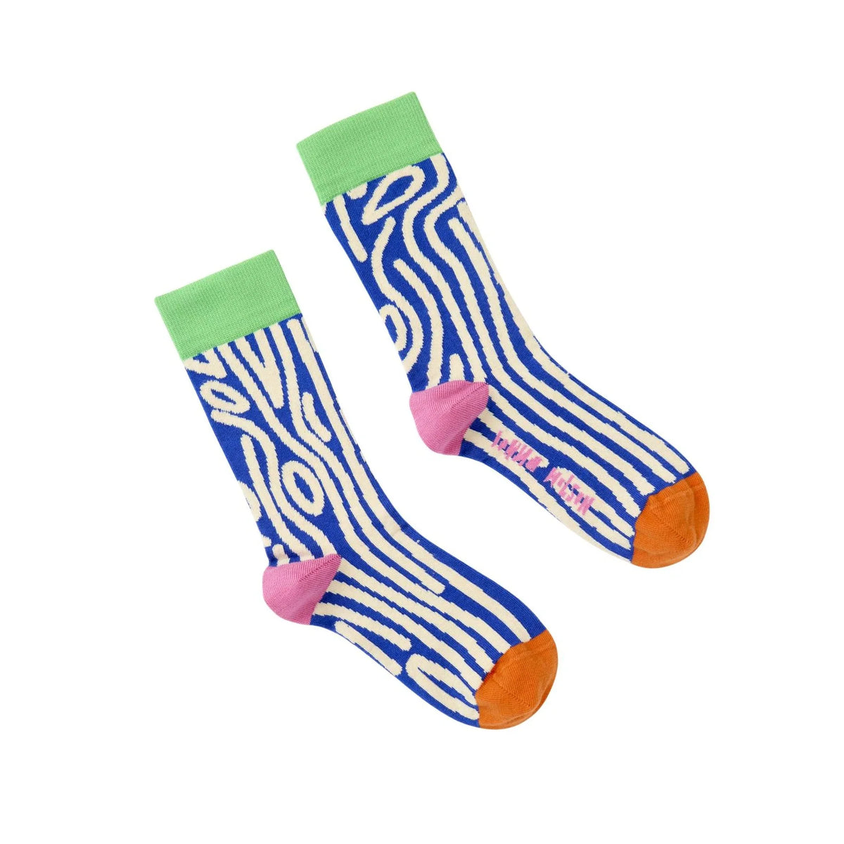 A pair of crew socks with a blue and white wavy wood stripe pattern, featuring a light green cuff, pink heel, and orange toe, displayed on a clean white background.
